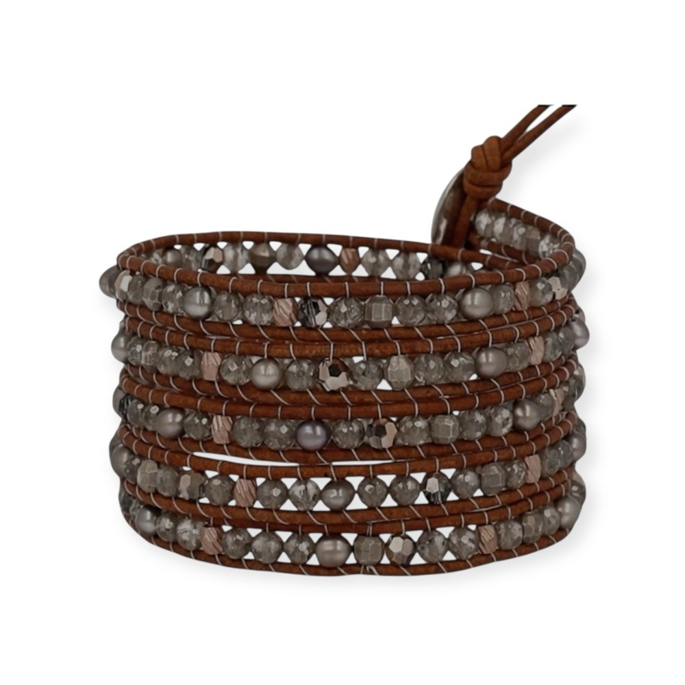 new Chan Luu 𖦹 Faceted Pyrite Crystal Stones 5 Wrap Bracelet 𖦹 Chestnut Leather